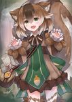  :d absurdres acorn animal_ears bag bangs blush brown_dress brown_hair claw_pose dress eyebrows_visible_through_hair fang fur_trim green_eyes highres large_tail long_sleeves looking_at_viewer monster_girl monster_girl_encyclopedia multicolored_hair neonbeat open_mouth puffy_long_sleeves puffy_sleeves ratatoskr_(monster_girl_encyclopedia) scroll short_hair shoulder_bag signature smile solo squirrel_ears squirrel_tail standing streaked_hair tail thighhighs zettai_ryouiki 
