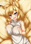  :d animal_ears blonde_hair blush breast_squeeze breasts covered_nipples dated eyebrows eyebrows_visible_through_hair fox_ears fox_girl fox_tail highres kayou_(sennen_sensou_aigis) large_breasts long_hair looking_at_viewer minaha_(playjoe2005) multiple_tails naked_sweater open_mouth purple_eyes ribbed_sweater sennen_sensou_aigis short_eyebrows sleeveless smile solo sweater tail upper_body white_sweater 