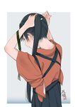 adjusting_hair bangs black_hair closed_eyes commentary_request cowboy_shot from_behind hakama houshou_(kantai_collection) japanese_clothes kantai_collection kimono long_hair nape ponytail ribbon simple_background solo tasuki two-tone_background tying_hair ume_(plumblossom) 