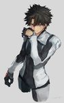  black_hair bodysuit chaldea_combat_uniform command_spell cropped_torso fate/grand_order fate_(series) fujimaru_ritsuka_(male) gloves grey_background highres kouzuki_kei looking_at_viewer male_focus serious simple_background solo wiping_face 