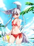  animal_ears arm_at_side ball bangs beachball bikini blade_&amp;_soul blue_sky bracelet breasts cleavage contrapposto day ear_piercing gold grey_hair hand_on_own_face highres hmw_(pixiv7054584) jewelry leaf long_hair looking_at_viewer medium_breasts navel piercing red_bikini red_eyes sky solo standing star star_print stomach sunlight swimsuit tail very_long_hair wading water wet 