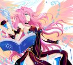  archangel_metatron_(p&amp;d) armpits blue_eyes breasts bridal_gauntlets cleavage commentary_request detached_sleeves fengya large_breasts long_hair looking_at_viewer magic_circle pink_hair puzzle_&amp;_dragons quill smile smirk solo spell thighs wings 