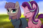  2017 blue_eyes blush clothed clothed_feral clothing cloud cutie_mark duo earth_pony equine eyes_closed eyeshadow female feral friendship_is_magic grass hair hi_res horn horse long_hair makeup mammal maud_pie_(mlp) momomistress multicolored_hair my_little_pony open_mouth open_smile outside pony purple_hair sky smile starlight_glimmer_(mlp) two_tone_hair unicorn 