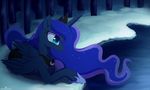  2017 blue_eyes blue_feathers blue_hair equine eyelashes feathered_wings feathers female feral forest friendship_is_magic hair hi_res horn lake long_hair mammal momomistress my_little_pony outside princess_luna_(mlp) snow solo tree water winged_unicorn wings 