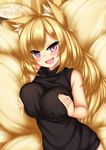  :d animal_ears black_sweater blonde_hair blush breast_squeeze breasts covered_nipples dated eyebrows eyebrows_visible_through_hair fox_ears fox_girl fox_tail highres kayou_(sennen_sensou_aigis) large_breasts long_hair looking_at_viewer minaha_(playjoe2005) multiple_tails naked_sweater open_mouth purple_eyes ribbed_sweater sennen_sensou_aigis short_eyebrows sleeveless smile solo sweater tail upper_body 