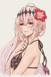  bikini blush braid breasts chabo213 commentary_request dark_jeanne flower frilled_bikini frills granblue_fantasy hair_flower hair_ornament long_hair looking_at_viewer medium_breasts red_eyes smile solo swimsuit white_hair 