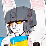  80s decepticon grey_background highres looking_at_viewer machine machinery mecha no_humans oldschool p._shot p.shot robot smile solo thundercracker transformers upper_body yellow_eyes 