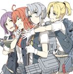  ahoge arashi_(kantai_collection) blonde_hair blue_eyes book cannon closed_eyes commentary gloves green_hair grin hagikaze_(kantai_collection) hug hug_from_behind kantai_collection looking_at_viewer maikaze_(kantai_collection) multiple_girls neck_ribbon neckerchief ninimo_nimo nowaki_(kantai_collection) open_mouth pleated_skirt purple_hair red_eyes red_hair ribbon rigging school_uniform searchlight short_hair short_ponytail simple_background skirt smile torpedo_tubes vest white_background white_gloves 
