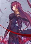  bangs bare_tree bodysuit closed_mouth commentary_request cowboy_shot eyebrows_visible_through_hair fate/grand_order fate_(series) flower fog from_side highres langya_beike long_hair looking_at_viewer outdoors pauldrons petals purple_bodysuit purple_hair red_eyes red_flower scathach_(fate)_(all) scathach_(fate/grand_order) sidelocks solo spider_lily standing thighs tree 