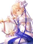  blonde_hair bow brown_eyes djeeta_(granblue_fantasy) dress elysian_(granblue_fantasy) granblue_fantasy hair_bow hair_ribbon harp highres instrument looking_at_viewer ribbon shinooji smile 