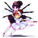  alternate_costume alternate_hairstyle androgynous ballerina ballet_slippers black_hair black_swan brown_hair closed_eyes commentary dancing dress extra_eyes fangs folded_ponytail frisk_(undertale) full_body gloves highres insect_girl muffet multiple_arms pantyhose plantar_flexion puffy_short_sleeves puffy_sleeves rotodisk short_hair short_sleeves sparkle spider_girl spread_legs teeth tiara undertale white_gloves white_legwear 