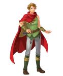  brown_eyes brown_hair cape cloak elbow_gloves fire_emblem fire_emblem:_rekka_no_ken fire_emblem_heroes full_body gloves looking_at_viewer male_focus matthew official_art okaya_mrh short_hair smile standing transparent_background weapon 