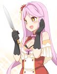 1girl :d blush bow cleavage_cutout flower_knight_girl highres holding holding_knife knife long_hair morino_harifu open_mouth pink_bow pink_eyes pink_hair sangobana_(flower_knight_girl) shirt smile solo upper_body white_background 