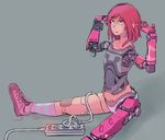 android bad_id bad_pixiv_id cable cyborg green_eyes grey_background highres mechanical_arm olelll234 original parts_exposed pink_hair power_strip robot robot_joints shoes short_hair sneakers solo spread_legs striped striped_legwear untied_shoe 
