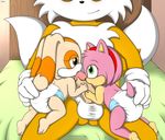  amy_rose anthro baby balls bed canine cream_the_rabbit cub diaper female fingering fox hedgehog lagomorph male mammal miles_prower oral penis precum pussy rabbit sitting sonic_(series) unistar young 
