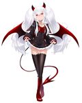  albino ass_visible_through_thighs bangs big_hair black_dress black_legwear blush boots bow breasts cleavage collarbone commentary_request covered_navel crossed_legs dark_persona demon_girl demon_horns demon_tail demon_wings dress dress_lift evo_grim fading frilled_dress frills full_body gradient_horns grim_aloe hair_between_eyes highres horns lifted_by_self long_hair long_sleeves looking_at_viewer low_wings medium_breasts official_art quiz_magic_academy quiz_magic_academy_the_world_evolve red_eyes red_footwear red_horns red_tail red_wings sailor_collar sailor_dress short_dress smile standing tail thighhighs twintails very_long_hair watson_cross white_background white_hair wings 