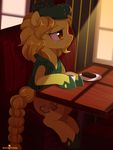  2017 beverage blonde_hair clothing cutie_mark earth_pony equine fan_character female feral food hair half-closed_eyes hat hi_res horse inside mammal momomistress my_little_pony pony sitting smile solo table 