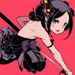  :o bare_shoulders black_hair bow bowtie flower frills hair_flower hair_ornament hikimayu katana kuroboshi_kouhaku looking_at_viewer princess_principal red_background sleeveless solo sword tied_hair toudou_chise v-shaped_eyebrows weapon 