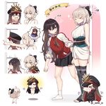  &gt;_&lt; :d bare_shoulders brown_eyes chibi closed_eyes fate/grand_order fate_(series) hair_over_one_eye hair_ribbon hat hat_removed headwear_removed height_difference height_rod jacket keikenchi_(style) long_hair multiple_girls oda_nobunaga_(fate) oda_nobunaga_(swimsuit_berserker)_(fate) oda_uri okita_souji_(fate) okita_souji_(fate)_(all) omi_(tyx77pb_r2) open_mouth peaked_cap ribbon short_ponytail silver_hair skirt sleeveless smile thighhighs track_jacket translated xd 