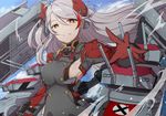  arm_up azur_lane bangs black_gloves blue_sky breasts brown_eyes cloud cloudy_sky day eyebrows_visible_through_hair floating_hair gloves grey_hair hair_between_eyes headgear iron_cross light_smile long_hair long_sleeves looking_at_viewer medium_breasts ocean outdoors parted_lips prinz_eugen_(azur_lane) red_gloves rigging sideboob silver_hair sky smile solo swept_bangs turret upper_body xiujia_yihuizi 