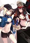  amplifier artoria_pendragon_(all) bangs belt bikini black_bikini black_hair black_shorts blonde_hair blue_eyes breasts closed_mouth collarbone eyebrows_visible_through_hair fate/grand_order fate_(series) frilled_bikini frills gradient gradient_background hat headphones headphones_around_neck highres holding holding_sword holding_weapon jacket letterman_jacket long_hair looking_at_viewer medium_breasts mouth_hold multiple_girls mysterious_heroine_x navel oda_nobunaga_(fate) oda_nobunaga_(swimsuit_berserker)_(fate) open_clothes open_jacket open_track_jacket peaked_cap planted_sword planted_weapon ponytail red_eyes shiguru shorts smile standing swimsuit sword thighs weapon 