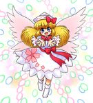  :d bangs blonde_hair blush bobby_socks bow cherry_blossom_print commentary_request danmaku dress eyebrows_visible_through_hair fairy_wings flying hair_bow hat hidden_star_in_four_seasons lily_white long_hair long_sleeves looking_at_viewer multicolored multicolored_background nitamago no_shoes open_mouth outstretched_arms red_bow sash sidelocks smile socks solo touhou white_dress white_hat white_legwear wings 
