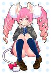  animal_ears arms_up blue_legwear cameltoe curly_hair double_v drill_hair elin_(tera) fang highres kneehighs legs lion_ears lion_tail long_hair looking_at_viewer mojarin_(kihara_mojarin) panties pantyshot pantyshot_(sitting) pink_eyes pink_hair school_uniform shirt shoes sitting skirt smile solo sweater tail tera_online twintails underwear upskirt v white_panties 
