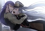  altair_(re:creators) black_hair braid closed_eyes crying epaulettes gauntlets glasses hat hug long_hair matsuomiyako military military_uniform multiple_girls open_mouth re:creators red-framed_eyewear shako_cap shimazaki_setsuna silver_hair spoilers translation_request uniform very_long_hair 