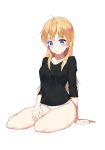  1girl arm_support black_shirt blonde_hair blue_eyes blush eyebrows_visible_through_hair full_body highres long_hair looking_at_viewer new_game! panties shirt simple_background sitting smile solo underwear white_background white_panties wujia_xiaozi yagami_kou 