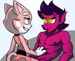  blue_eyes cat clothed clothing dancing demon feline female hellbent lap male male/female mammal muscular naimeo_(artist) nude red_skin shima_luan smile super_planet_dolan 