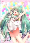  anniversary arms_up barefoot beamed_eighth_notes breasts character_name commentary_request covered_navel eighth_note eyebrows_visible_through_hair green_eyes green_hair hatsune_miku highres jumping long_hair looking_at_viewer musical_note open_mouth raayu_(0u_rayu) sailor_collar small_breasts solo twintails v very_long_hair vocaloid 