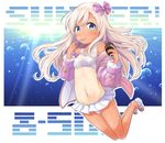  bikini blonde_hair blue_eyes character_name food full_body hair_ribbon ice_cream jacket kantai_collection long_hair looking_at_viewer one-piece_tan pink_jacket ribbon ro-500_(kantai_collection) sandals solo spoon striped striped_ribbon swimsuit tan tanline tobi_(nekomata_homara) white_bikini 