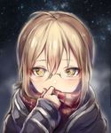  ahoge artoria_pendragon_(all) bangs black_coat blonde_hair blush breath cold commentary_request covering_mouth fate/grand_order fate_(series) glasses hair_between_eyes long_sleeves looking_at_viewer mysterious_heroine_x_(alter) night night_sky plaid plaid_scarf red_scarf rimless_eyewear scarf short_hair sidelocks sketch sky solo star_(sky) starry_sky tsurime upper_body vivivivi yellow_eyes 