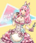 1girl 2018 animal_ears apron aqua_bow asymmetrical_gloves bow breasts brown_eyes bunny_ears bunny_tail choker cleavage dated doughnut dress fake_animal_ears fake_tail food fork frilled_apron frilled_gloves frills gloves hair_bow highres holding holding_food holding_fork large_breasts lolita_fashion long_hair looking_at_viewer macross macross_delta makina_nakajima pink_dress pink_gloves pink_hair shimatani_azu shiny shiny_hair short_sleeves solo standing striped striped_bow tail waist_apron white_apron wrist_cuffs yellow_bow 