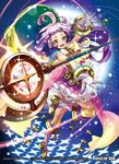  boots bow bowtie earrings force_of_will fukuzou fur_trim gloves hair_ornament jewelry kaguya_(force_of_will) long_hair looking_at_viewer low_twintails moon official_art open_mouth purple_hair sky solo sparkle staff star star_(sky) teeth thighhighs twintails yellow_eyes 