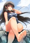  alternate_costume bangs barefoot black_eyes black_hair blunt_bangs breasts crossed_legs feet hair_ribbon isokaze_(kantai_collection) kantai_collection long_hair looking_at_viewer medium_breasts one-piece_swimsuit parted_lips pov_feet ribbon shaded_face smile soles solo swimsuit takase_muu toe_scrunch tress_ribbon 