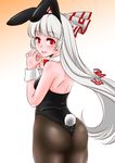  animal_ears ass back bangs bare_arms bare_shoulders bow bunny_ears bunny_girl bunny_tail bunnysuit closed_mouth commentary_request cowboy_shot detached_collar eyebrows_visible_through_hair fake_animal_ears fake_tail from_behind fujiwara_no_mokou grey_hair hair_bow hands_together hands_up highres leotard lips long_hair looking_at_viewer looking_back pantyhose red_eyes shiraue_yuu shoulder_blades smile solo tail touhou very_long_hair wrist_cuffs 