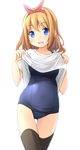  ass_visible_through_thighs black_legwear blonde_hair blue_eyes blue_swimsuit cowboy_shot eyebrows_visible_through_hair hairband highres looking_at_viewer one-piece_swimsuit open_mouth original school_swimsuit shibacha shirt shirt_lift short_hair simple_background smile solo standing swimsuit swimsuit_under_clothes thigh_gap thighhighs white_background white_shirt 