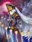  absurdres altair_(re:creators) blurry cloud epaulettes hat hcone-ei high_collar highres long_hair military military_uniform moon re:creators red_eyes red_moon shako_cap silver_hair solo sword twintails uniform very_long_hair weapon 