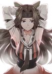  alternate_breast_size armpits arms_up black_eyes bow breasts brown_hair cleavage detached_sleeves hair_bow headband highres jintsuu_(kantai_collection) kantai_collection large_breasts long_hair looking_at_viewer remodel_(kantai_collection) sideboob solo tying_headband wo_jianqiang_fu_guo 