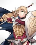  armor bangs blonde_hair blue_cape braid breastplate cape cowboy_shot crown_braid eri_(erikiri) faulds fire_emblem fire_emblem_heroes gloves green_eyes highres holding holding_weapon long_hair looking_at_viewer low-tied_long_hair polearm scale_armor sharena shield simple_background smile solo spear standing weapon white_background 