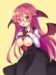  bat_wings bespectacled black_skirt black_vest blush breasts breasts_outside d: embarrassed fang glasses hands_on_own_chest head_wings juliet_sleeves koakuma large_breasts long_hair long_sleeves looking_at_viewer minamura_haruki necktie nipples no_bra open_clothes open_mouth open_shirt puffy_sleeves red-framed_eyewear red_eyes red_hair red_neckwear shirt shirt_lift simple_background skirt skirt_set sleeves_past_wrists solo touhou vest white_shirt wings yellow_background 