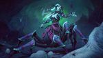  aqua_hair aqua_skin arachne arachne_(smite) bug carapace center_opening claws full_body greek_mythology highres insect_girl jon_neimeister long_hair looking_at_viewer monster_girl multiple_legs official_art silk smite solo spider spider_girl spider_web 