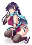  1girl aqua_scarf bangs black_eyes black_hair blunt_bangs fishnet_legwear fishnets gauntlets hair_over_one_eye hayashimo_(kantai_collection) japanese_clothes kantai_collection kimono kusano_(torisukerabasu) long_hair looking_at_viewer ninja pelvic_curtain ponytail scarf short_kimono simple_background socks solo squatting thighhighs very_long_hair white_background 