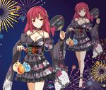  adapted_costume balloon bare_shoulders barefoot black_bra blush bra breasts chain cleavage collar commentary_request cuffs fan fireworks grin head_tilt hecatia_lapislazuli japanese_clothes kimono kimono_skirt legs_together long_hair looking_at_viewer medium_breasts oota_yuuichi paper_fan red_eyes red_hair shackles smile solo touhou underwear water_balloon wide_sleeves yukata zoom_layer 