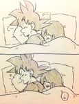  1girl back_turned bed bed_sheet black_hair blush chi-chi_(dragon_ball) closed_eyes comic couple dragon_ball frown heart long_hair monochrome open_mouth panels pillow short_hair silent_comic simple_background sleeping smile son_gokuu speech_bubble spiked_hair tkgsize zzz 