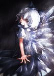  bare_arms blue_dress blue_eyes blue_hair bow cirno dress from_behind hair_between_eyes hair_bow highres ice ice_wings joker_(stjoker) looking_at_viewer looking_back short_hair short_sleeves solo tongue tongue_out touhou wings 