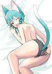  1girl animal_ears bed_sheet black_panties black_ribbon blue_hair breasts cameltoe cat_ears cat_tail hair_ribbon hand_on_ass looking_at_viewer natsuzakura_yuuki nipples one_eye_closed open_mouth panties ribbon short_hair_with_long_locks sidelocks sinon_(sao-alo) small_breasts solo sword_art_online tail topless underwear underwear_only 