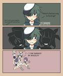  5girls blue_hair comic commentary drooling english eyepatch faceless faceless_female green_eyes green_hair highres i-13_(kantai_collection) i-19_(kantai_collection) i-58_(kantai_collection) iam kantai_collection kiso_(kantai_collection) long_hair looking_at_viewer multiple_girls name_tag necktie pink_hair purple_hair ro-500_(kantai_collection) school_swimsuit school_uniform serafuku shoes silhouette skirt swimsuit swimsuit_under_clothes 