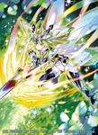  armor armored_boots boots copyright_name double_bun fairy fairy_wings force_of_will gloves green_hair helmet lance leaf looking_at_viewer noki_(affabile) official_art polearm solo sparkle weapon wings yellow_eyes 